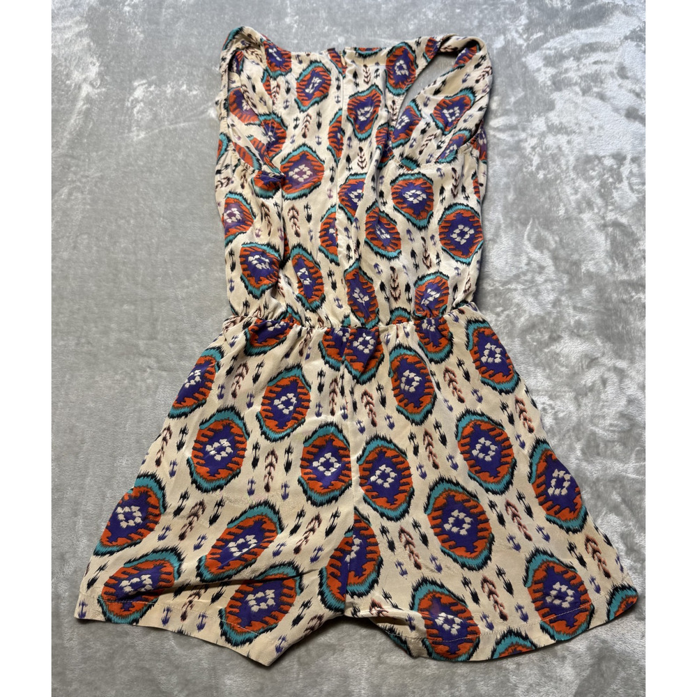Rory Beca Romper Aztec Ikat Boho Festival Multicolor Boho V Neck 100% Silk Sz S - Picture 7 of 7